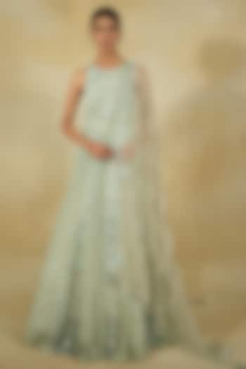 Mint Chiffon & Silk Organza Embroidered Bridal Anarkali Set by Megha Bansal at Pernia's Pop Up Shop