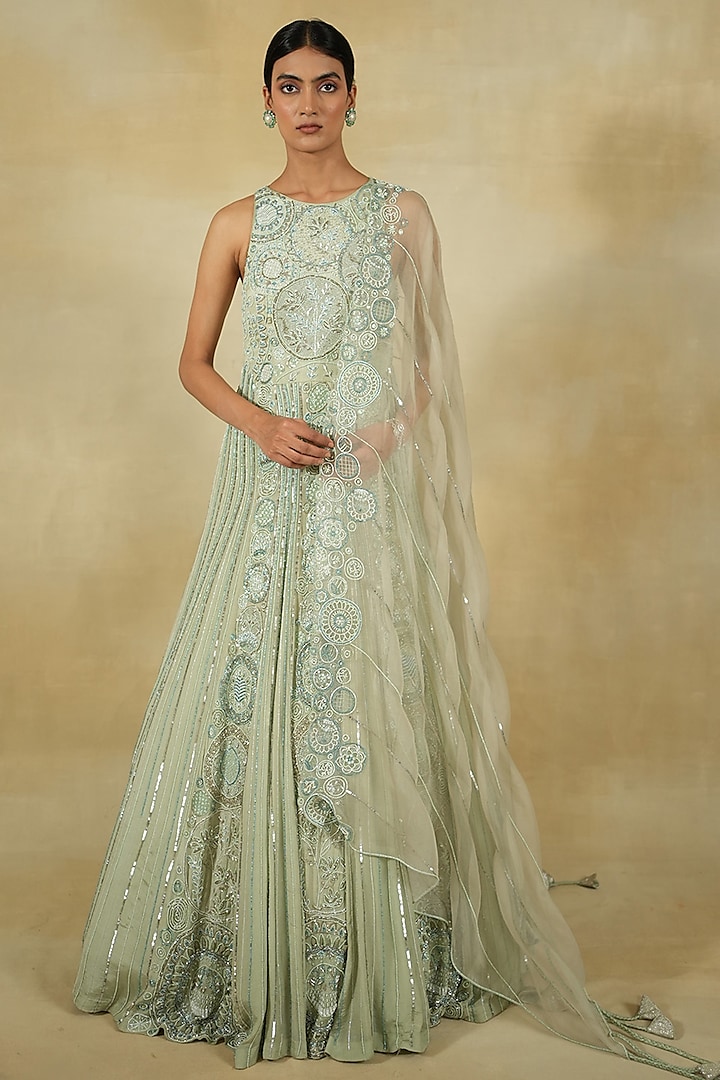 Mint Chiffon & Silk Organza Embroidered Bridal Anarkali Set by Megha Bansal at Pernia's Pop Up Shop