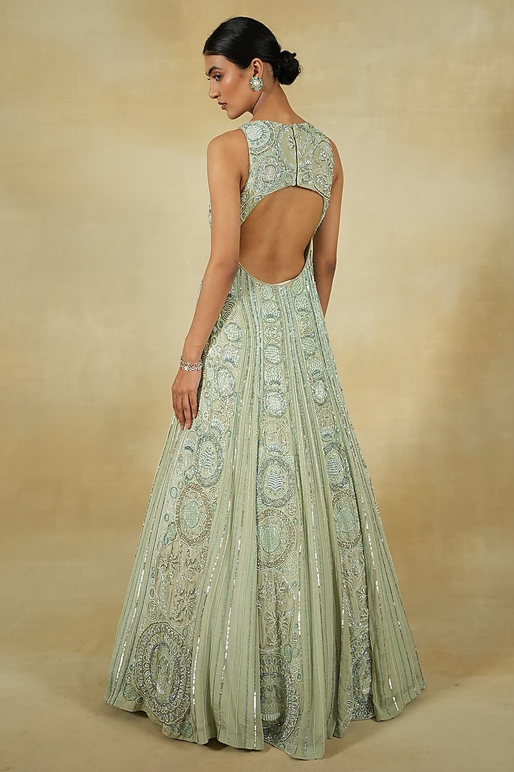 Mint Chiffon & Silk Organza Embroidered Bridal Anarkali Set by Megha Bansal at Pernia's Pop Up Shop