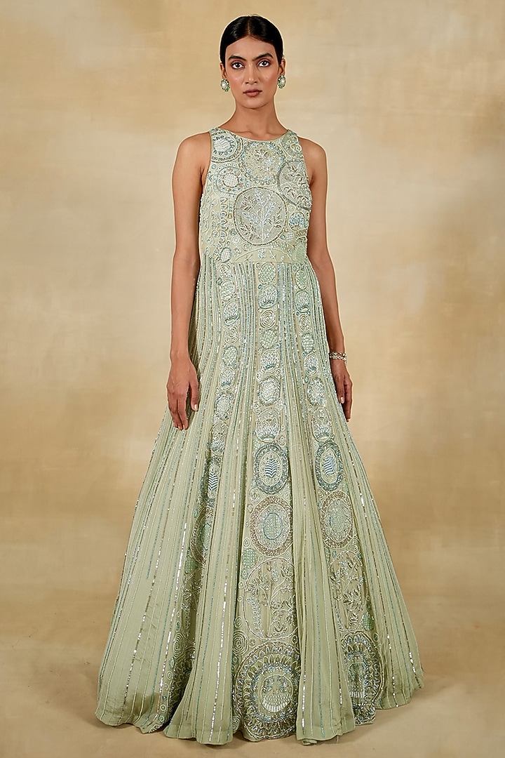Mint Chiffon & Silk Organza Embroidered Bridal Anarkali Set by Megha Bansal at Pernia's Pop Up Shop