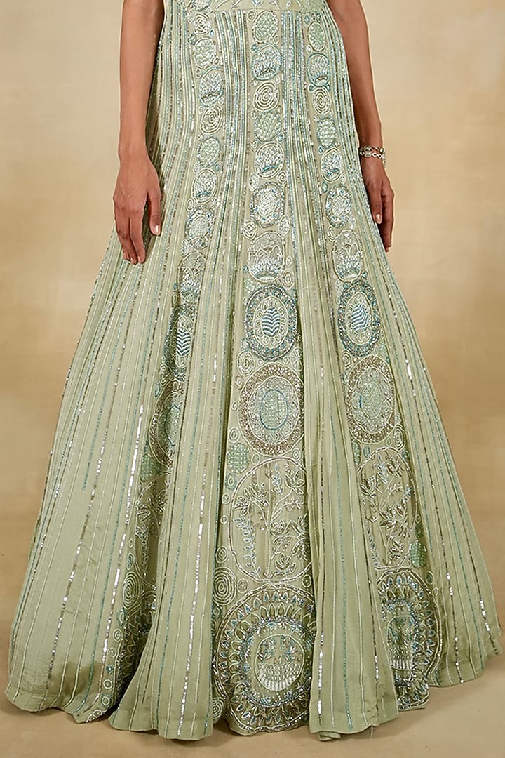 Mint Chiffon & Silk Organza Embroidered Bridal Anarkali Set by Megha Bansal at Pernia's Pop Up Shop