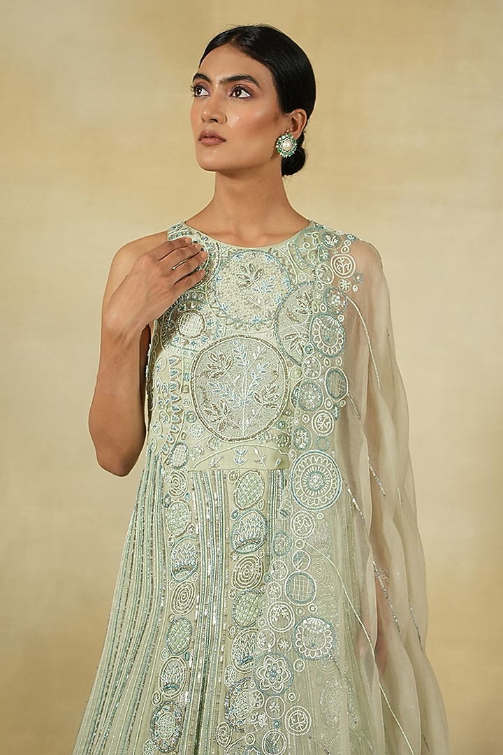 Mint Chiffon & Silk Organza Embroidered Bridal Anarkali Set by Megha Bansal at Pernia's Pop Up Shop