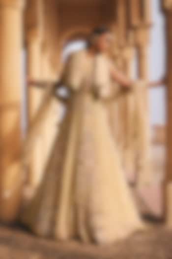 Pearl White Chiffon Embroidered Bridal Anarkali Set by Megha Bansal at Pernia's Pop Up Shop