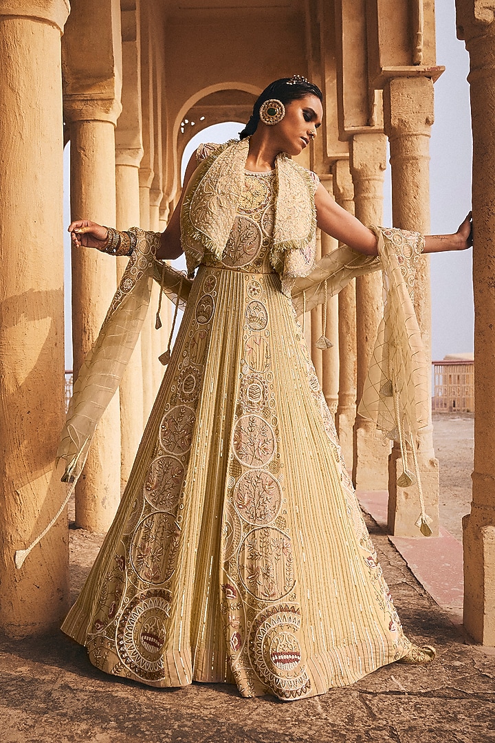 Pearl White Chiffon Embroidered Bridal Anarkali Set by Megha Bansal at Pernia's Pop Up Shop