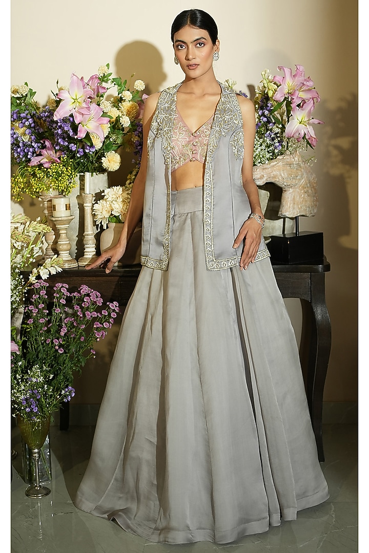 Lavender Silk Organza Embellished Jacket  dulhan bday 22 may Lehenga Set by Megha Bansal at Pernia's Pop Up Shop