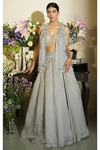 Lavender Silk Organza Embellished Jacket Lehenga Set by Megha Bansal