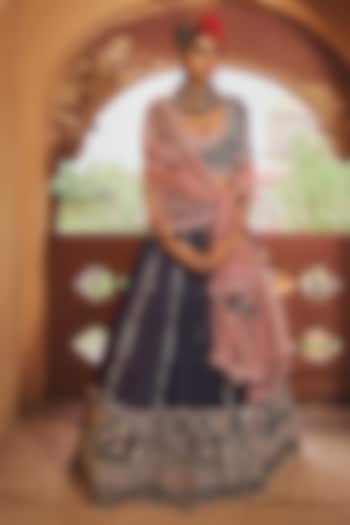 Navy Blue Silk Chanderi Motif Embroidered  dulhan bday 22 may Lehenga Set by Megha Bansal at Pernia's Pop Up Shop