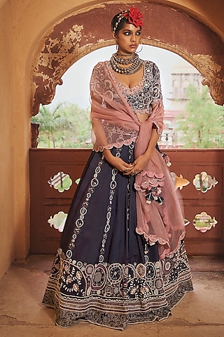 Navy Blue Silk Chanderi Motif Embroidered Lehenga Set by Megha Bansal
