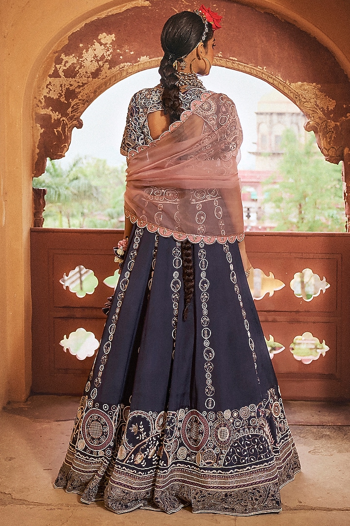 Navy Blue Silk Chanderi Motif Embroidered Wedding Lehenga Set by Megha Bansal at Pernia's Pop Up Shop