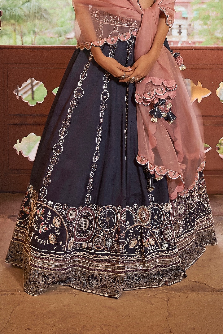 Navy Blue Silk Chanderi Motif Embroidered Wedding Lehenga Set by Megha Bansal at Pernia's Pop Up Shop