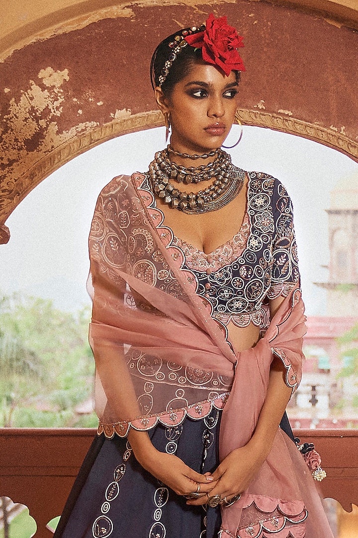 Navy Blue Silk Chanderi Motif Embroidered Wedding Lehenga Set by Megha Bansal at Pernia's Pop Up Shop