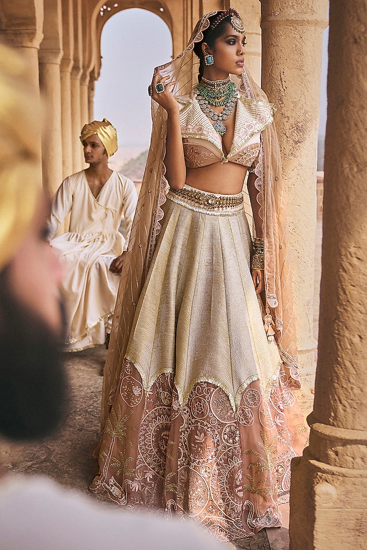 Rose Gold & Ecru Silk Chanderi Applique Embroidered Bridal lehenga for 22 Lehenga Set by Megha Bansal at Pernia's Pop Up Shop