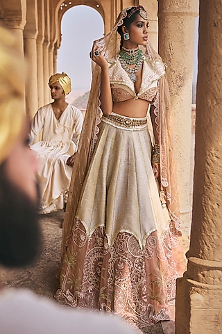 Rose Gold & Ecru Silk Chanderi Applique Embroidered Lehenga Set by Megha Bansal