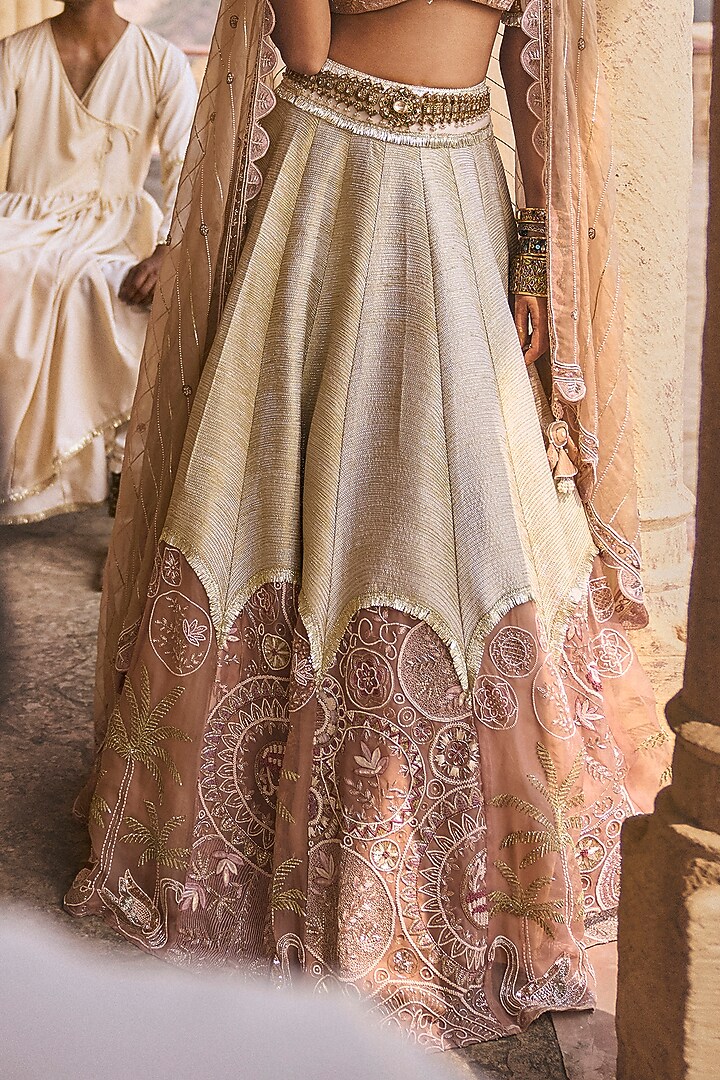 Rose Gold & Ecru Silk Chanderi Applique Embroidered Bridal Lehenga Set by Megha Bansal at Pernia's Pop Up Shop