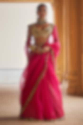 Fuchsia Silk Organza Hand Embroidered Wedding Saree Set by Megha Bansal at Pernia's Pop Up Shop