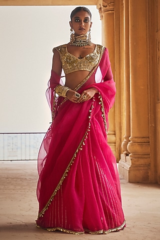 Fuchsia Silk Organza Hand Embroidered Saree Set by Megha Bansal