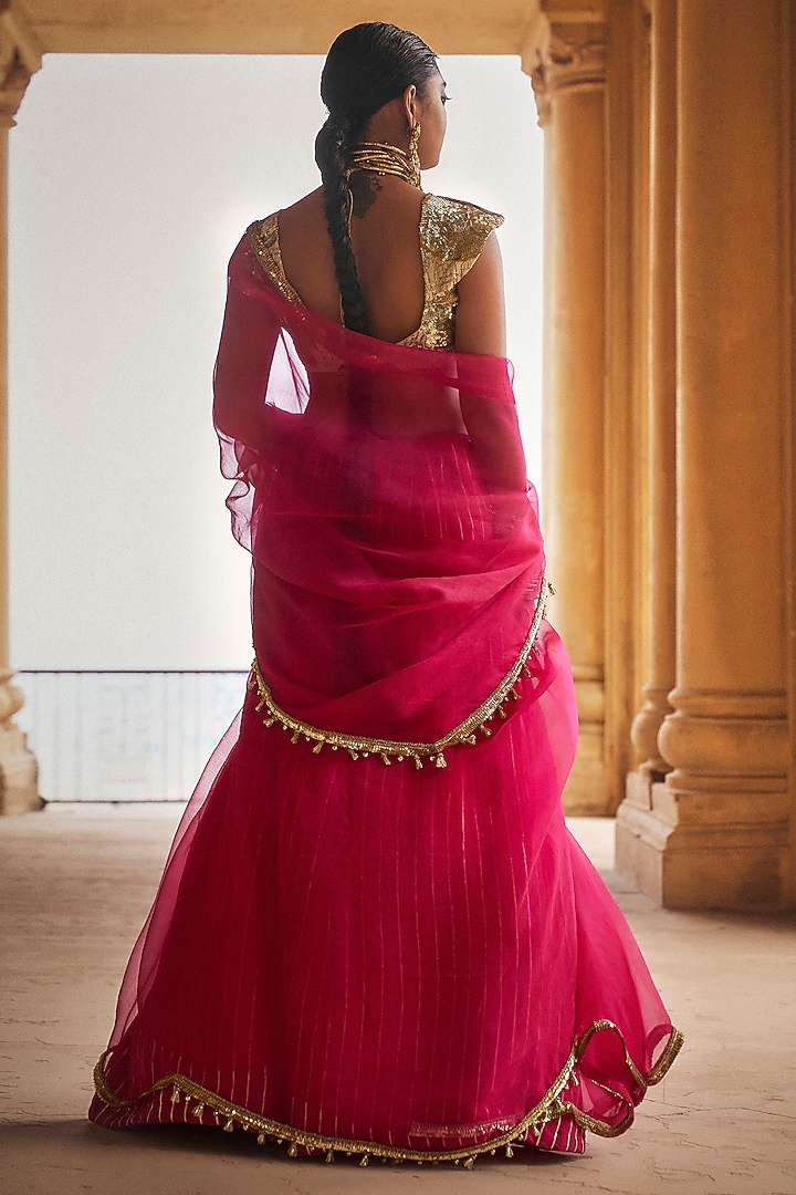 Fuchsia Silk Organza Hand Embroidered Wedding Saree Set by Megha Bansal at Pernia's Pop Up Shop