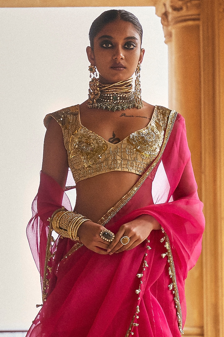 Fuchsia Silk Organza Hand Embroidered Wedding Saree Set by Megha Bansal at Pernia's Pop Up Shop