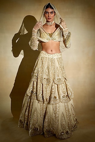 Ecru Silk Organza & Tulle Hand Embroidered Lehenga Set by Megha Bansal