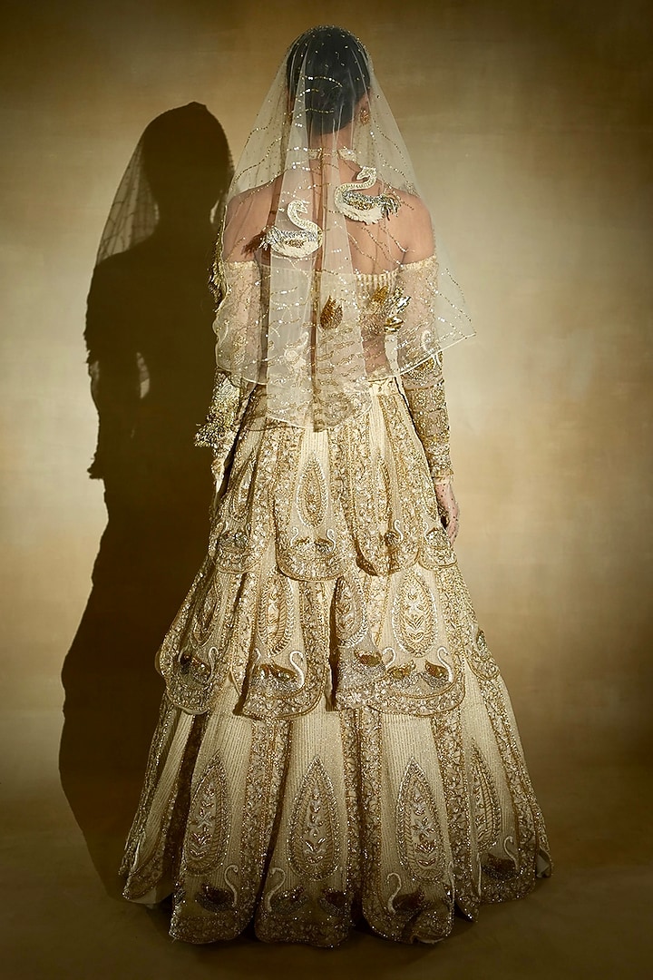 Ecru Silk Organza & Tulle Hand Embroidered Bridal Lehenga Set by Megha Bansal at Pernia's Pop Up Shop