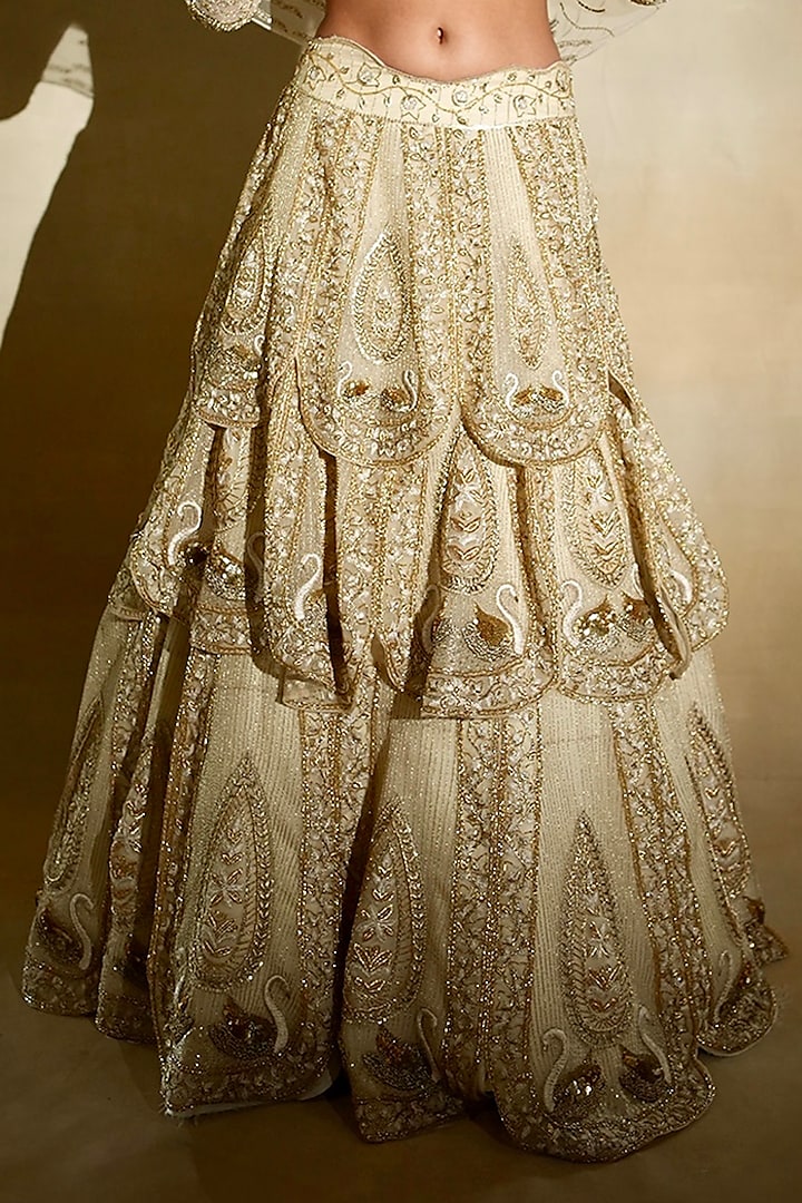 Ecru Silk Organza & Tulle Hand Embroidered Bridal Lehenga Set by Megha Bansal at Pernia's Pop Up Shop