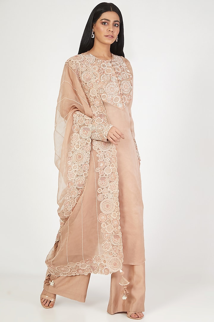 Nude Pink Satin Organza Kurta Set by Megha Bansal at Pernia's Pop Up Shop