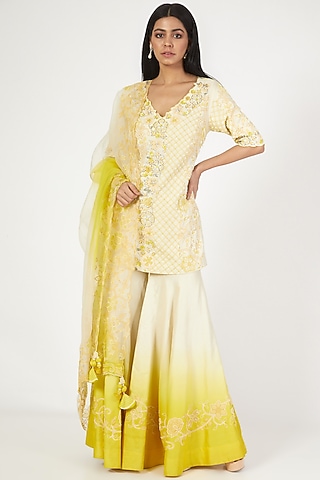 Ecru Lime Silk chanderi & Organza Ombre Gharara Set by Megha Bansal
