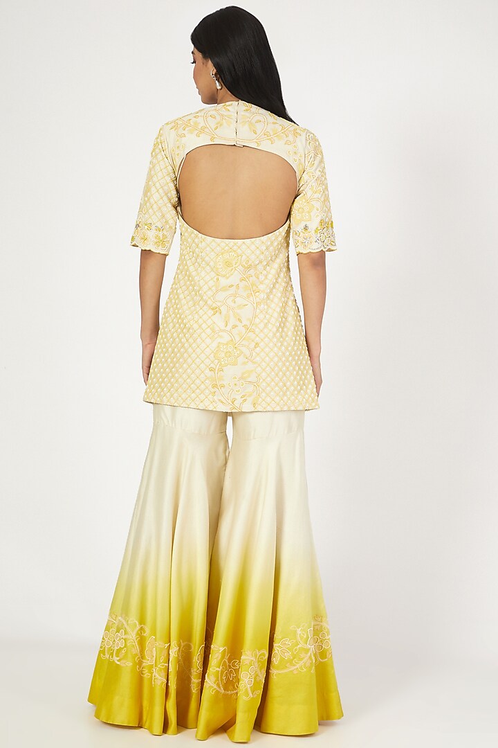 Ecru Lime Silk chanderi & Organza Ombre Gharara Set by Megha Bansal at Pernia's Pop Up Shop