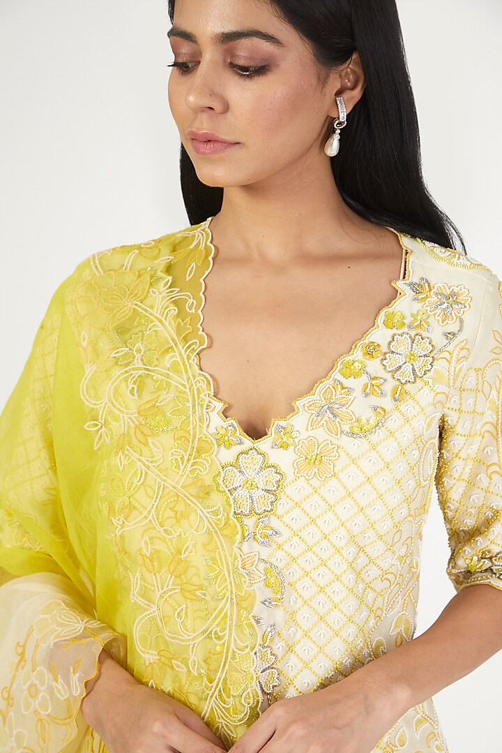 Ecru Lime Silk chanderi & Organza Ombre Gharara Set by Megha Bansal at Pernia's Pop Up Shop