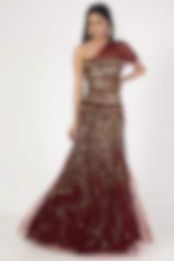 Oxblood Red Tulle Embellished Gown by Megha Bansal