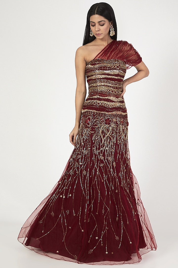 Oxblood Red Tulle Embellished Gown by Megha Bansal