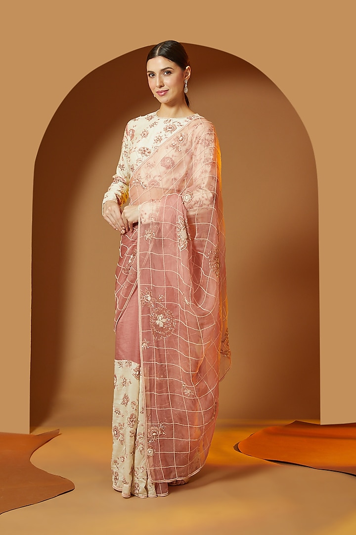 Pink & Cream Silk Organza Floral Printed & Zardosi Embellished Saree Set by Megha Bansal