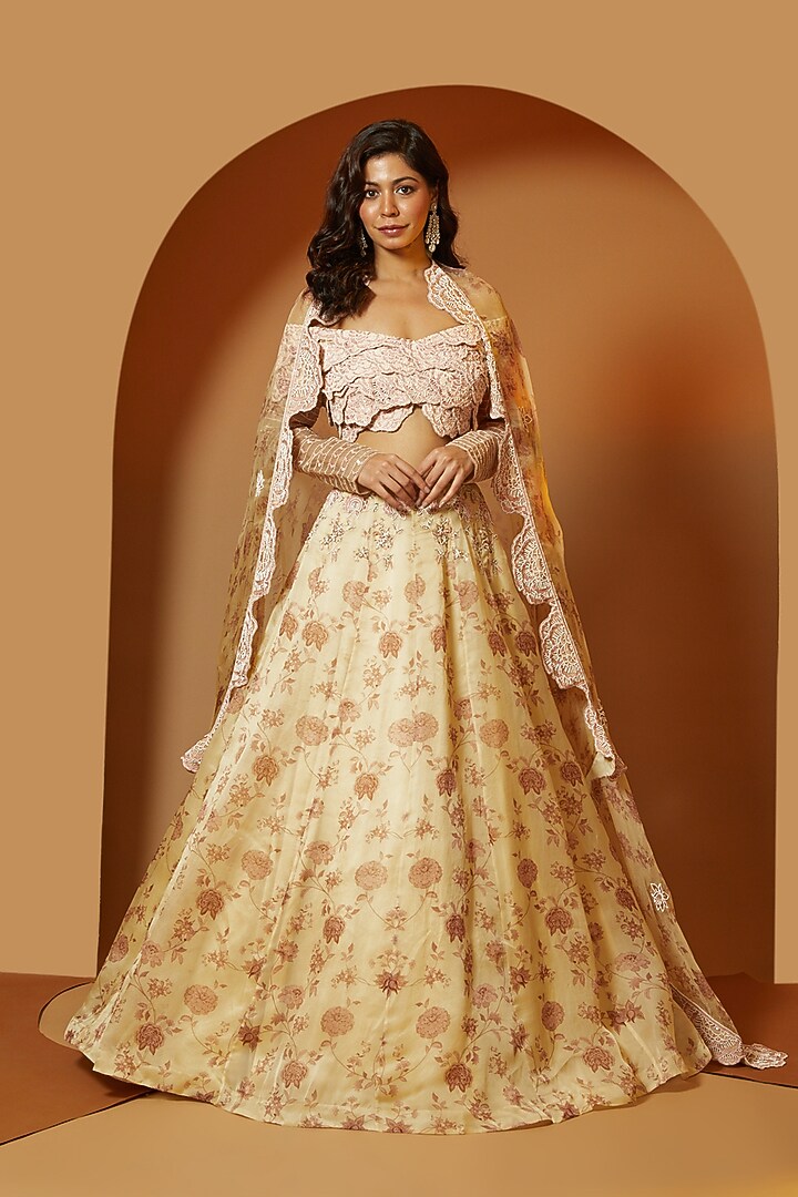 Ecru Floral Printed Wedding Lehenga Set by Megha Bansal at Pernia's Pop Up Shop