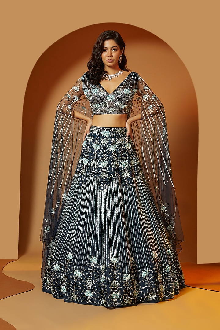 Navy Blue Embellished Wedding Lehenga Set by Megha Bansal at Pernia's Pop Up Shop