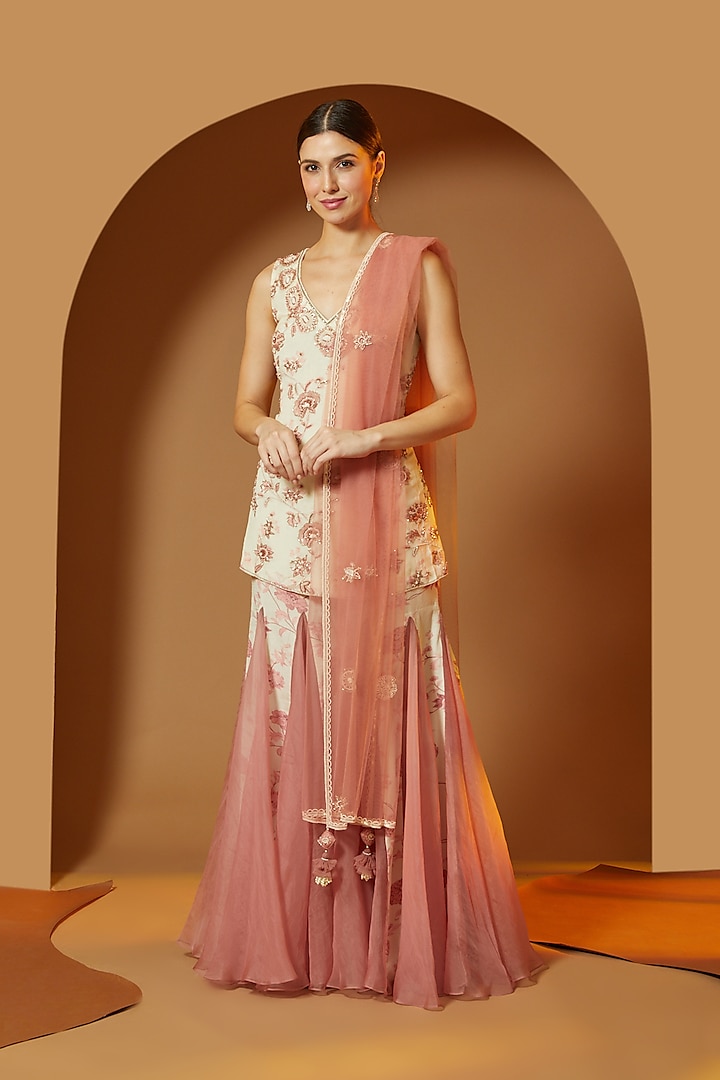 Pink Silk Organza & Tulle Sharara Set by Megha Bansal
