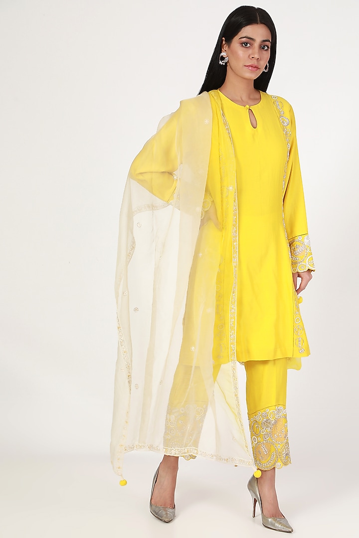 Lime Yellow Embroidered Kurta Set by Megha Bansal