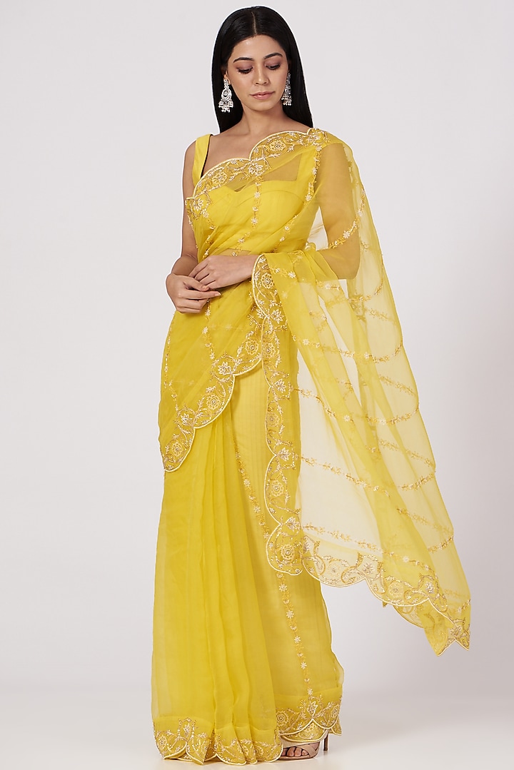 Lemon Yellow Zardosi Embroidered Saree Set by Megha Bansal