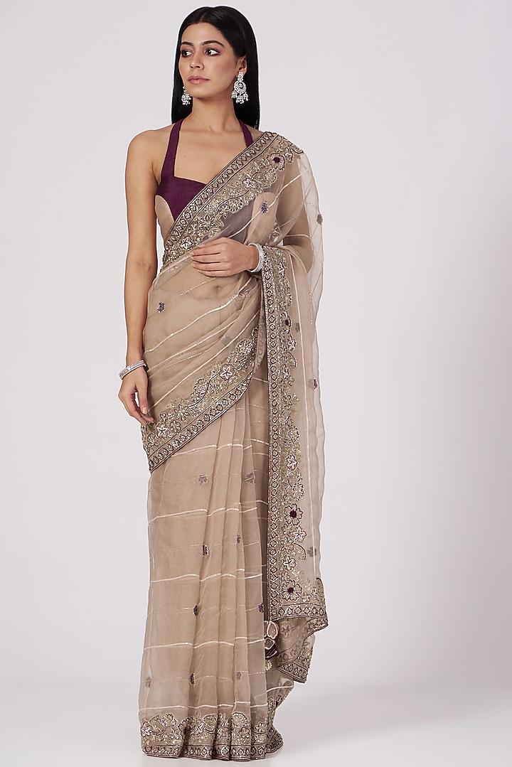 Nude Pink Embroidered Saree Set by Megha Bansal