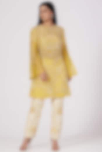 Lemon Yellow Embroidered Layered Kurta Set by Megha Bansal