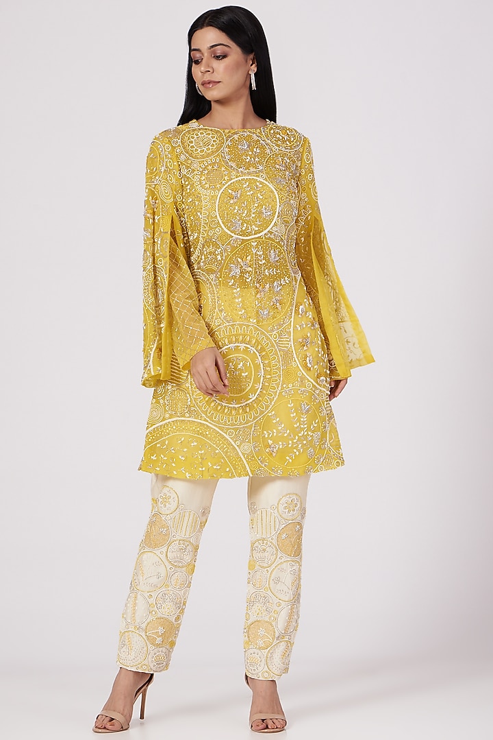 Lemon Yellow Embroidered Layered Kurta Set by Megha Bansal