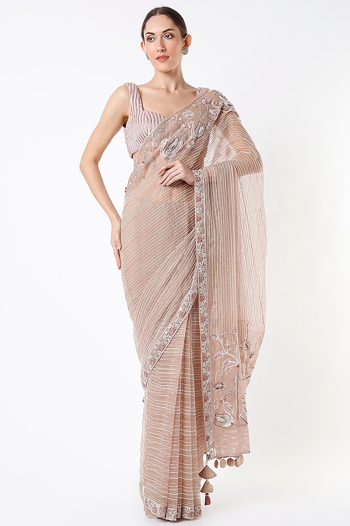 Nude Pink Silk Organza Pearl Embroidered Saree Set by Megha Bansal