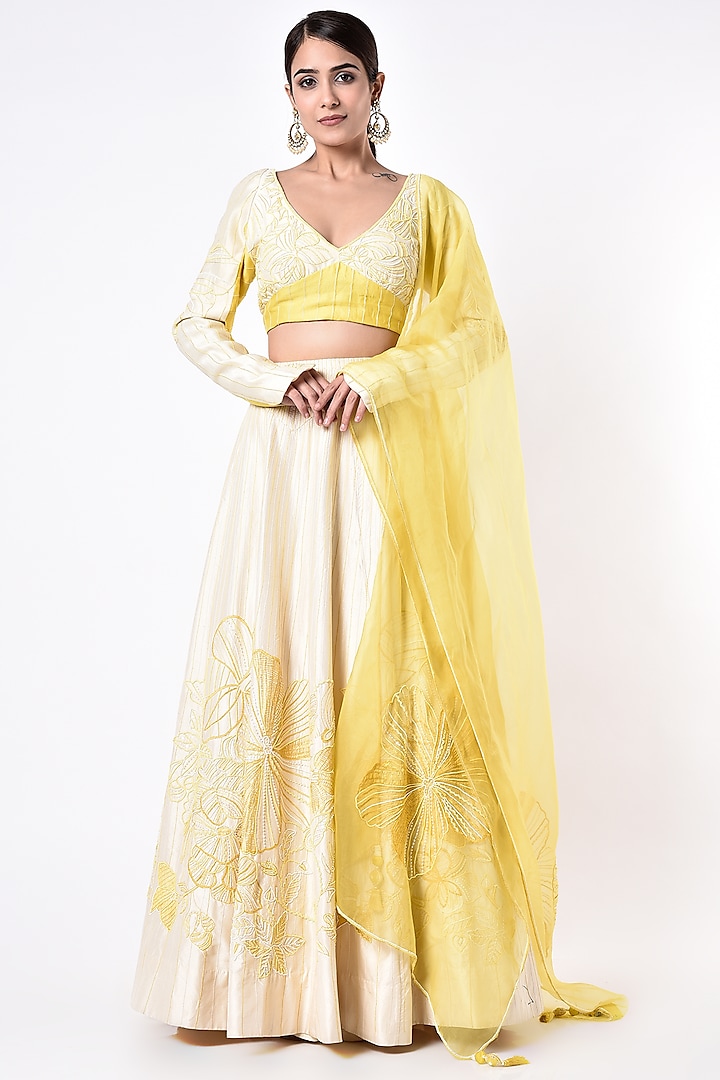 Cream Yellow Embroidered Lehenga Set by Megha Bansal