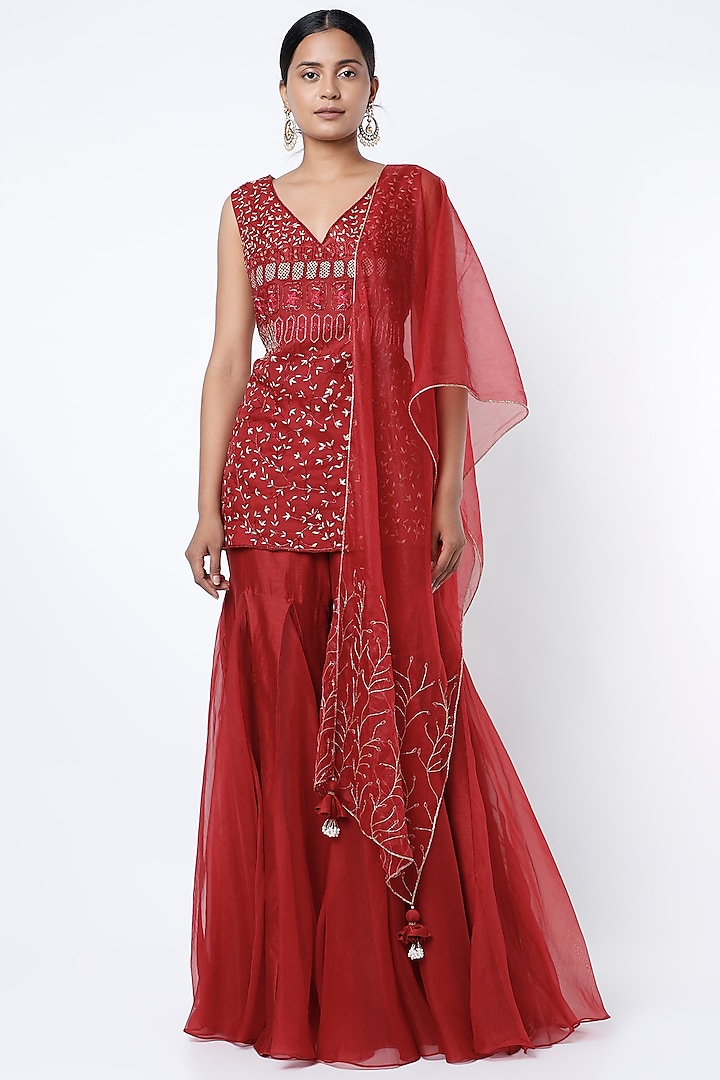 Red Embroidered Sharara Set by Megha Bansal