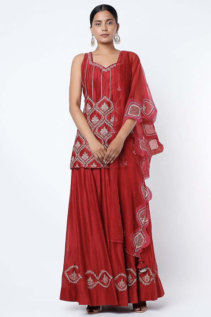 Red Chanderi Silk Zari Hand Embellished Gharara Set by Megha Bansal