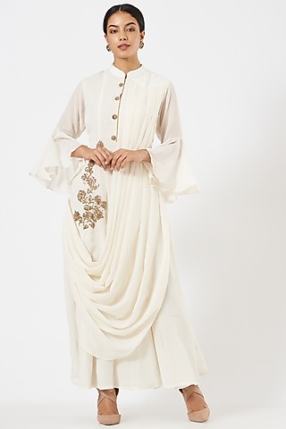 Ivory Embroidered Draped Gown by Maarya By Manisha Arya