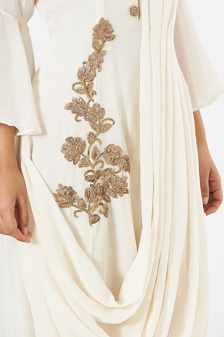 Ivory Embroidered Draped Party Wear Gown by Maarya By Manisha Arya at Pernia's Pop Up Shop