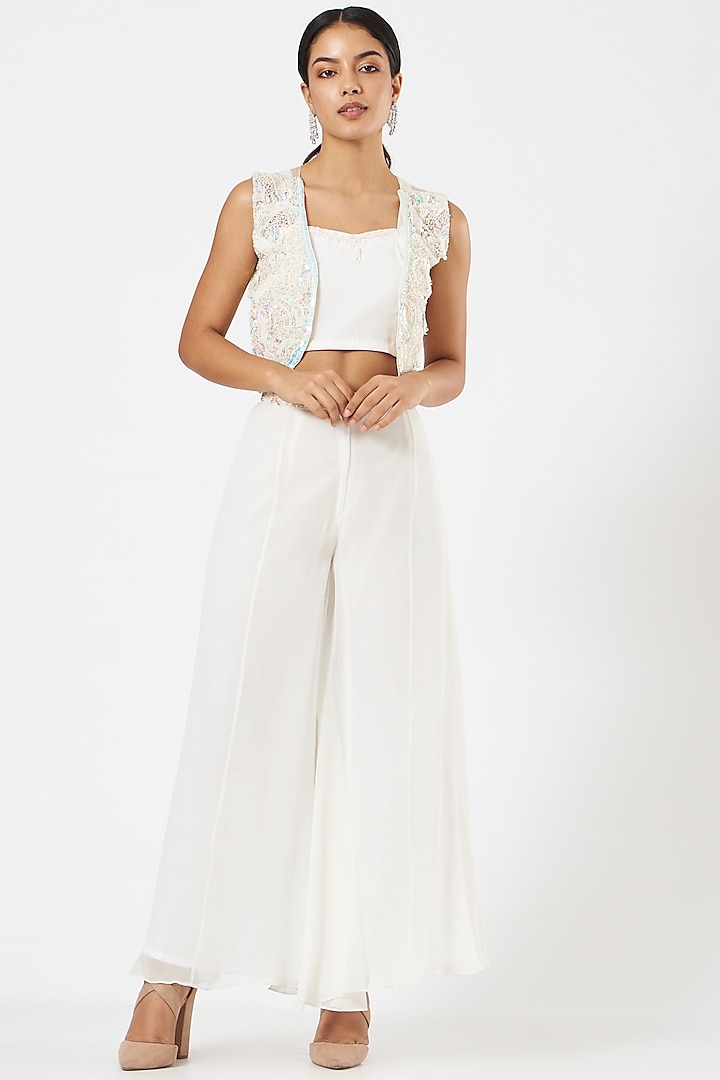 White Cotton Crush Flared Pant Set by Maarya By Manisha Arya at Pernia's Pop Up Shop