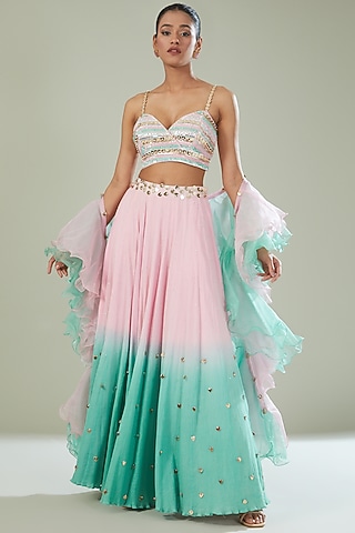 Pink & Green Ombre Pure Cotton Embellished Lehenga Set by Maarya By Manisha Arya