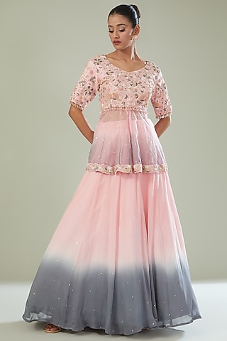 Pink & Grey Ombre Georgette Skirt Set by Maarya By Manisha Arya
