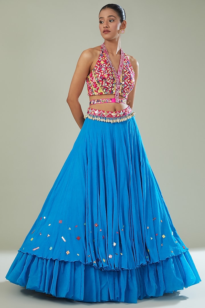 Blue Organza & Pure Cotton Crush Skirt Set by Maarya By Manisha Arya